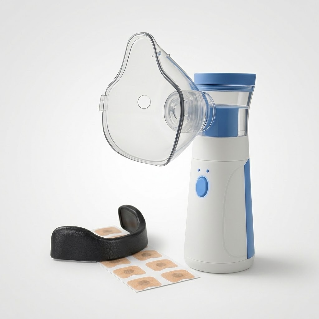 Nebulizador de mano con su estanque transparente, la mascarilla y el dilatador nasal sobre fondo gris claro.