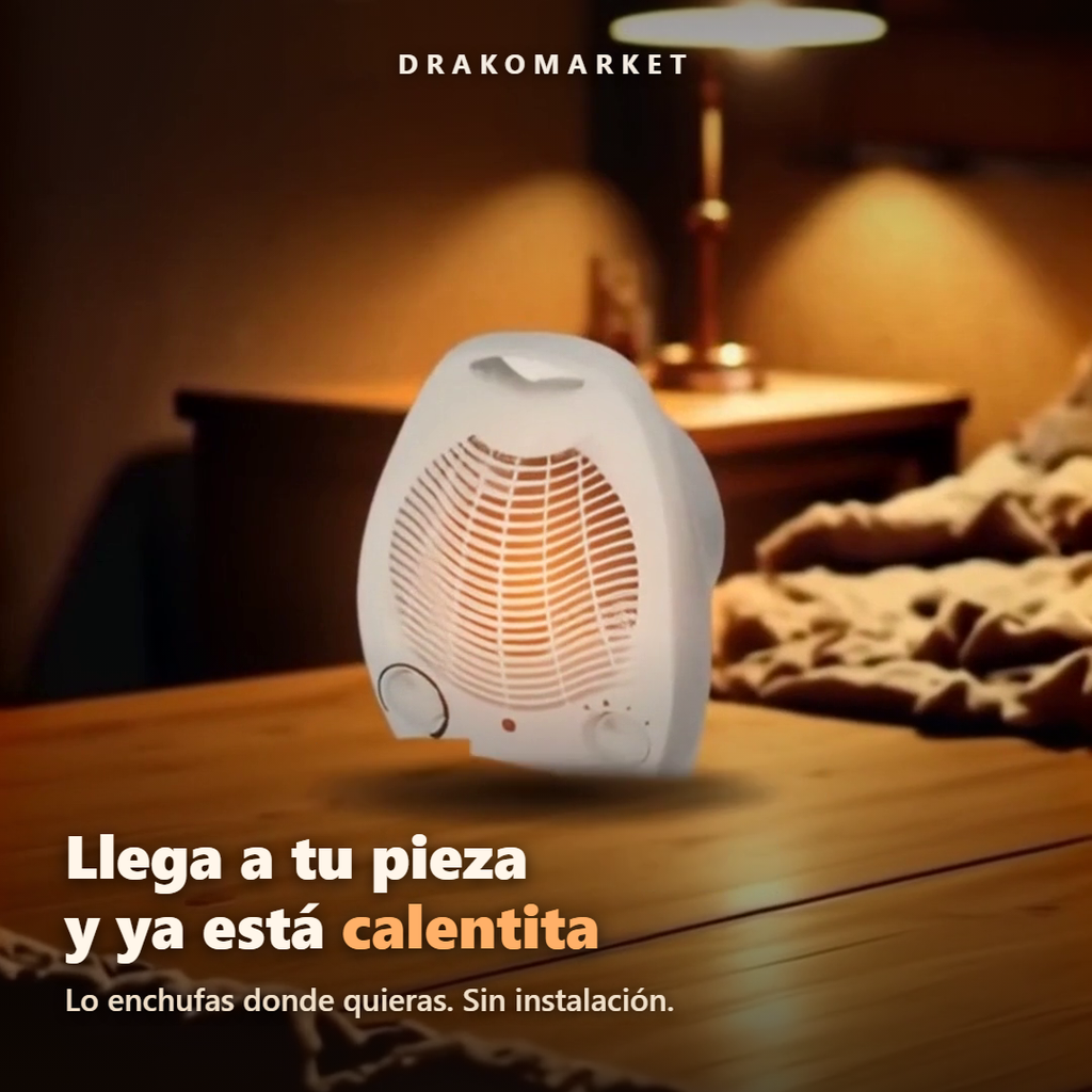 El calefactor sobre una mesa de madera, con un dormitorio de noche desenfocado al fondo.