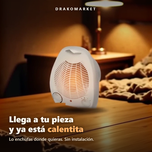 El calefactor sobre una mesa de madera, con un dormitorio de noche desenfocado al fondo.