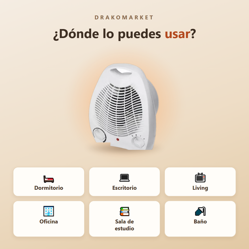 Dónde usar el calefactor portátil: dormitorio, escritorio, living, oficina, sala de estudio y baño
