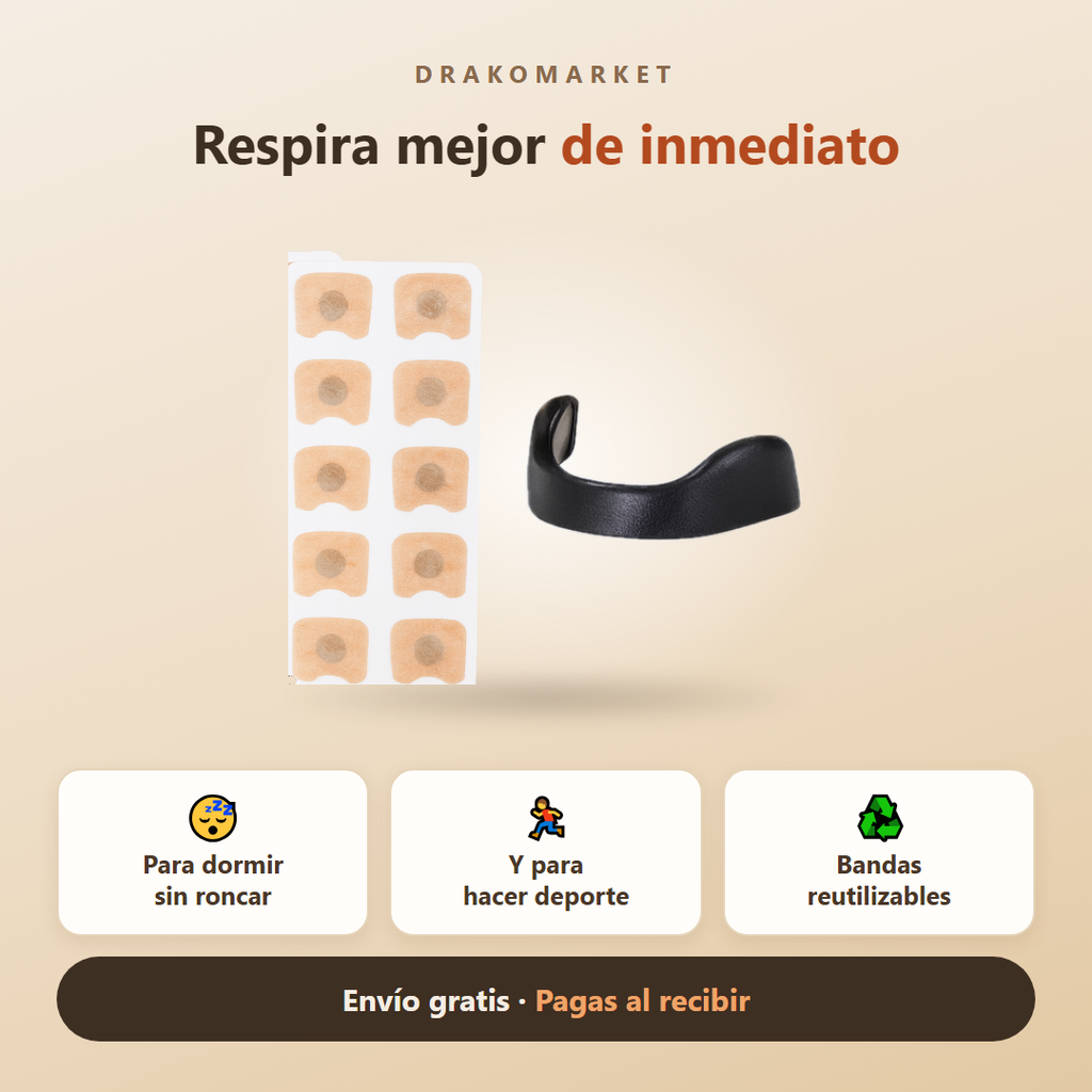 Lámina con diez parches nasales adhesivos y el dilatador nasal magnético, sobre fondo beige.