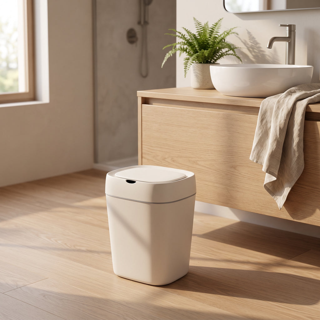 Basurero automático marfil en el piso de un baño luminoso, junto al mueble del lavamanos.