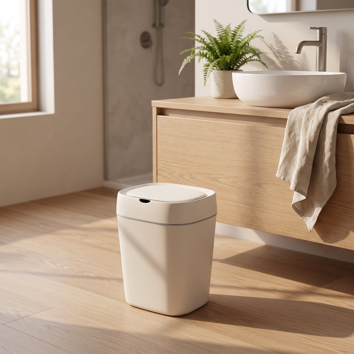 Basurero automático marfil en el piso de un baño luminoso, junto al mueble del lavamanos.