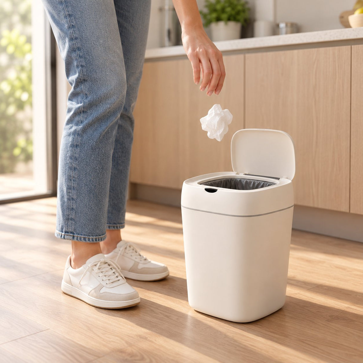 Mano botando una toalla de papel en el basurero automático abierto, en el piso de una cocina.