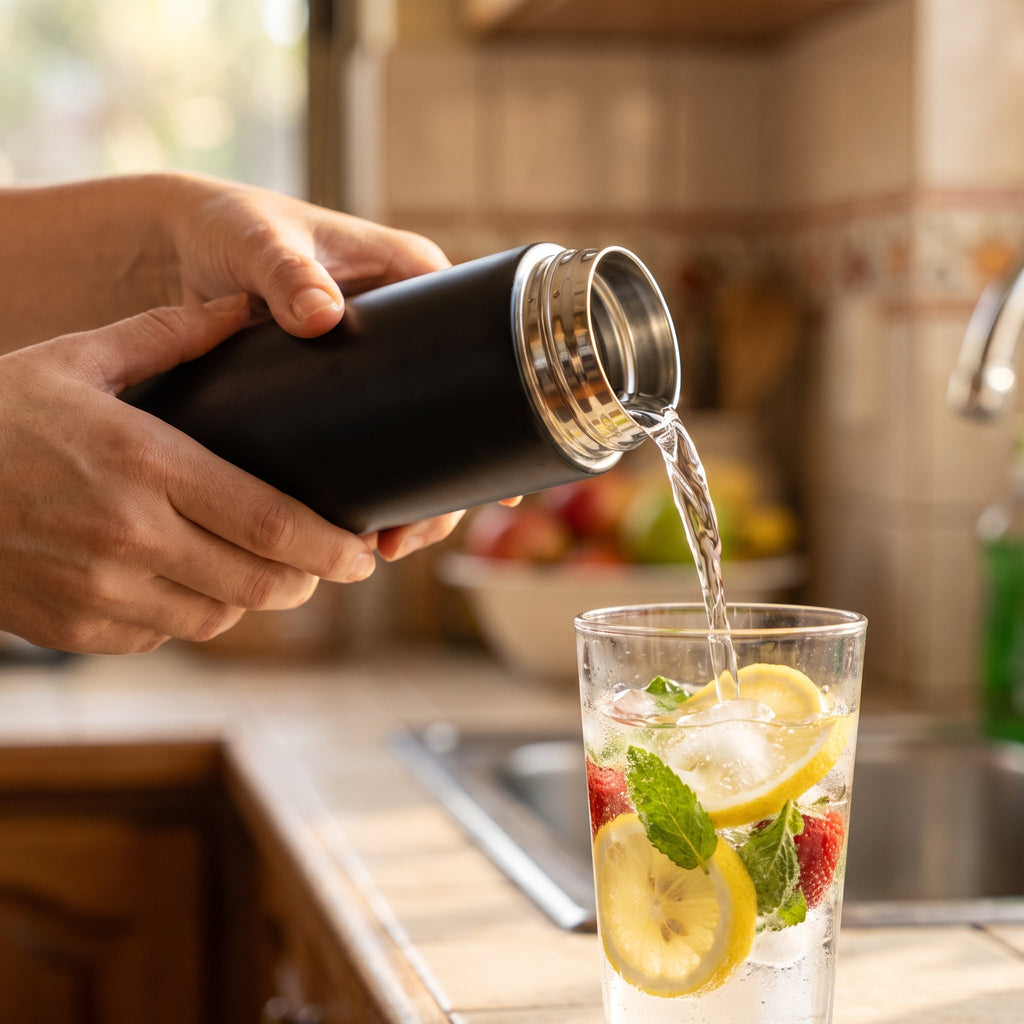 Manos sirviendo agua fría con limón, menta y frutillas desde la botella térmica negra a un vaso.