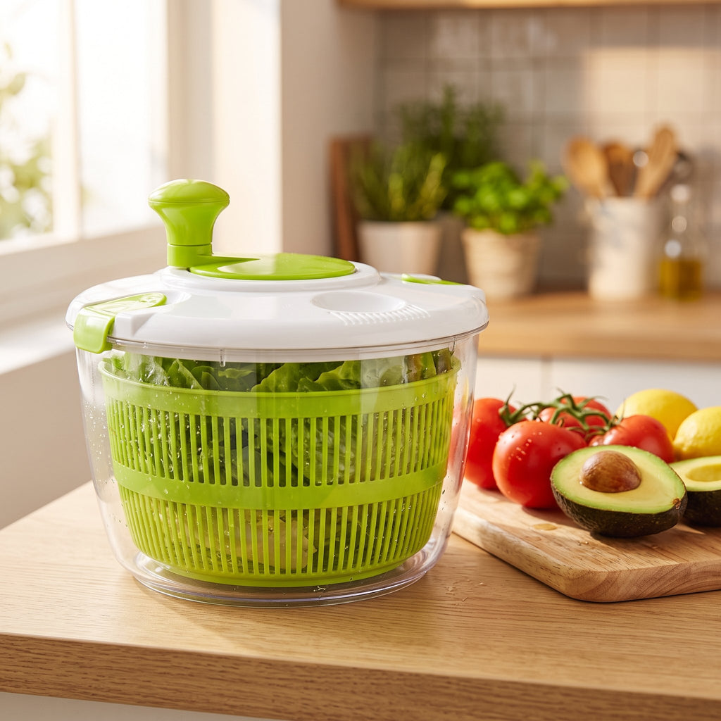 Centrifugadora llena de lechuga recién lavada sobre un mesón de cocina con tomates, palta y limones.