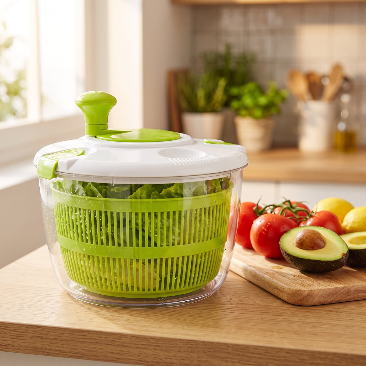 Centrifugadora llena de lechuga recién lavada sobre un mesón de cocina con tomates, palta y limones.