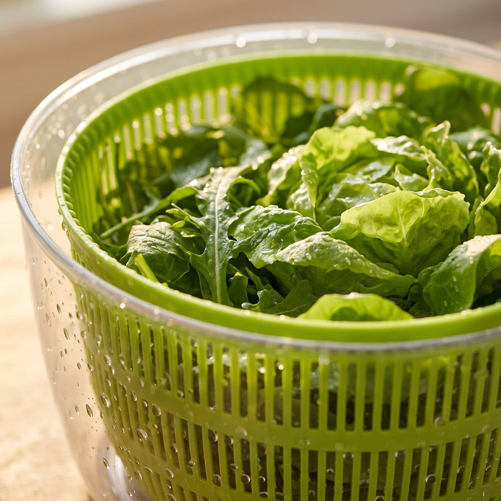 Detalle de hojas de lechuga con gotas de agua dentro del canasto verde ranurado.