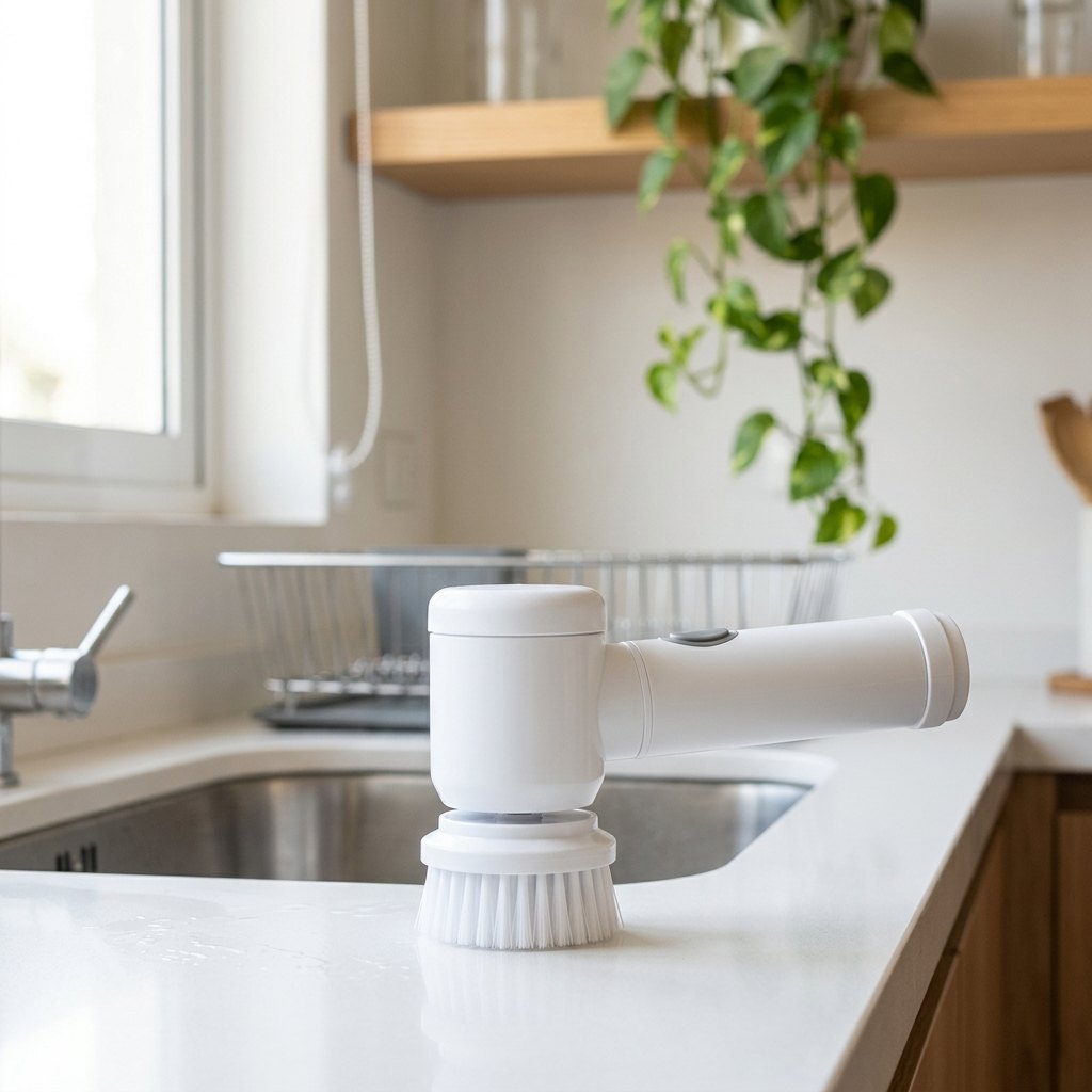 Cepillo eléctrico de limpieza blanco sobre el mesón, junto al lavaplatos de una cocina luminosa.