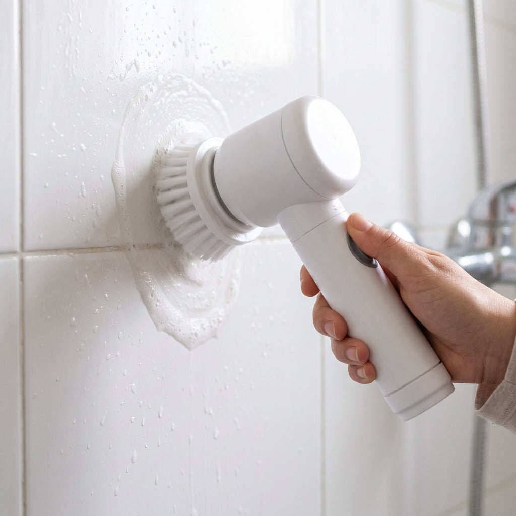 Mano limpiando el fragüe de los azulejos de la ducha con el cepillo eléctrico y espuma.