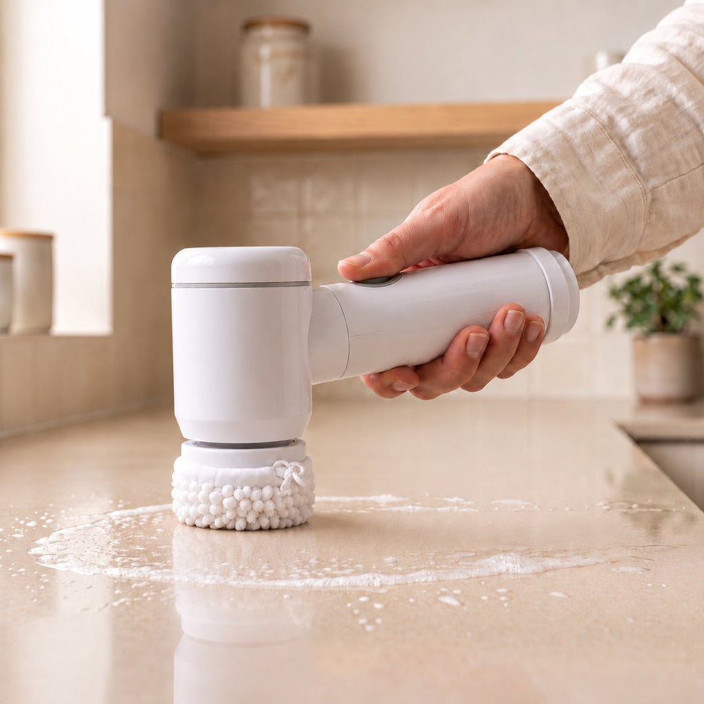 Cepillo eléctrico con cabezal de paño de microfibra limpiando un mesón de cocina con agua jabonosa.