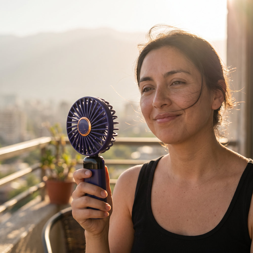 Mujer en un balcón de Santiago refrescándose con el ventilador portátil color púrpura (tono índigo).