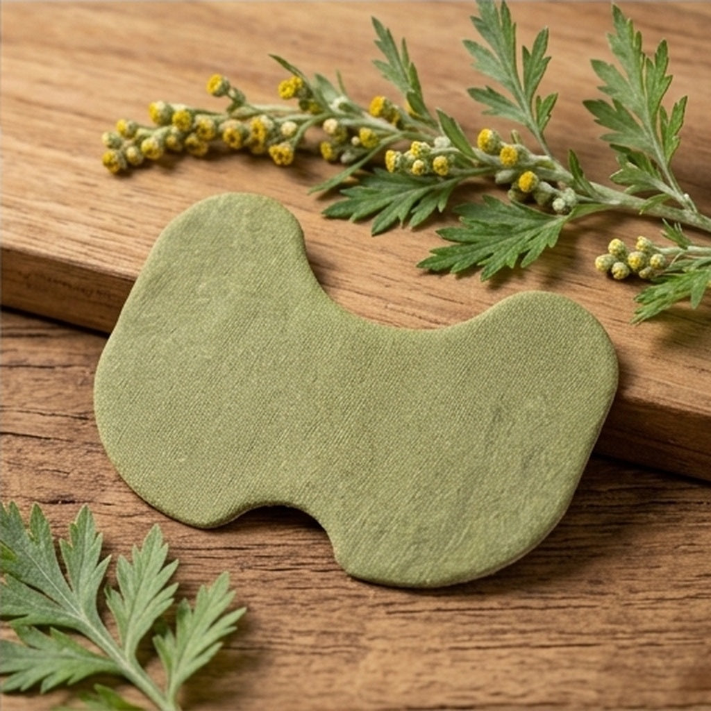 Un parche verde apoyado en una tabla de madera, con ramas de artemisa en flor.