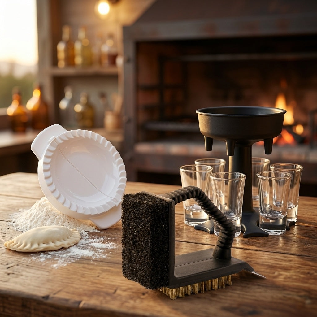 Kit Dieciochero completo sobre la mesa del quincho: molde de empanadas con una empanada cruda y harina, cepillo de parrilla con cerdas de latón y dispensador de seis shots, con el fuego encendido al fondo