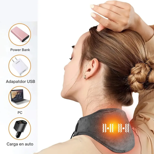 Mujer de perfil con el collar térmico puesto en la nuca, con el calor y la vibración señalados.
