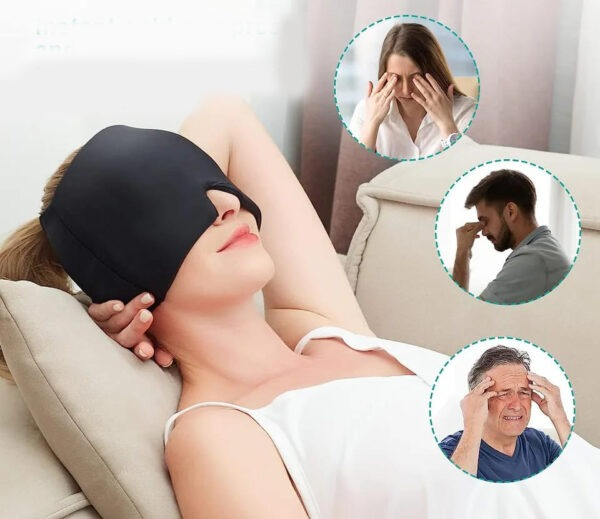 Mujer recostada en un sillón con el gorro de gel puesto, junto a tres escenas de dolor de cabeza.