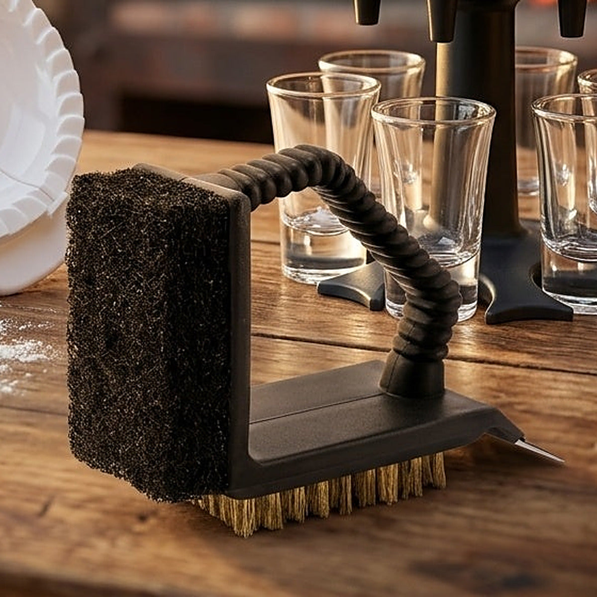 Cepillo de parrilla 3 en 1 sobre una mesa de madera: esponja abrasiva, cerdas de latón, rasqueta y mango en espiral.