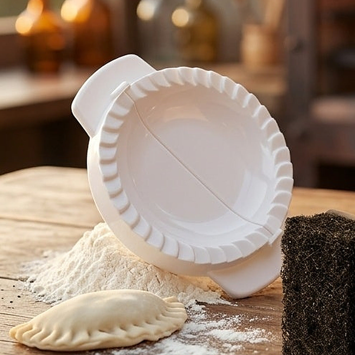 Molde de empanadas de 18 cm apoyado sobre harina, con el borde de repulgue a la vista y una empanada ya cerrada al lado.