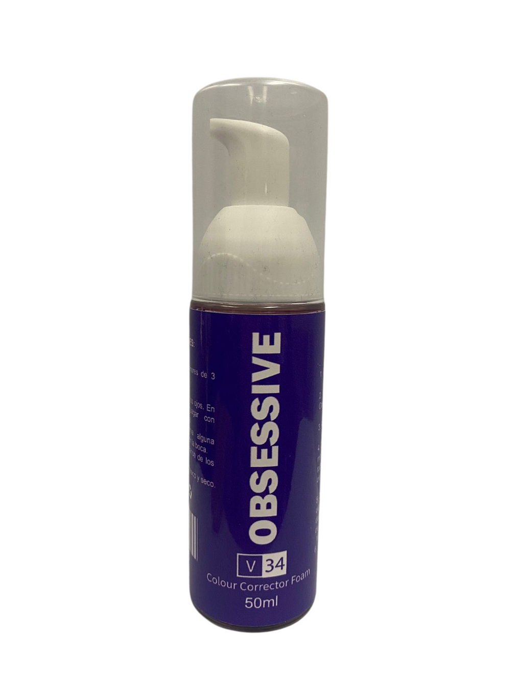 Frasco de espuma blanqueadora V34 de 50 ml con dosificador y etiqueta morada, sobre fondo blanco.
